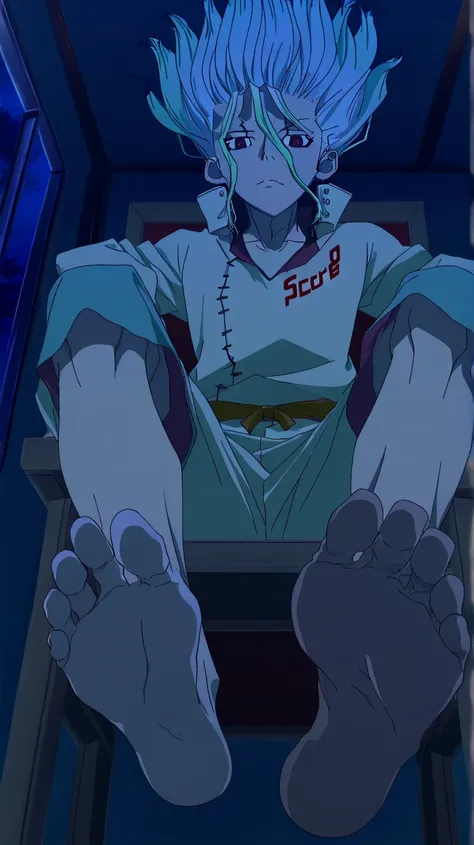 Source_anime, score_9, score_8_up, score_7_up, anime screencap, 8k, absurd res, Senkuu Ishigami, 1boy, solo, official style, barefoot, foot focus, in his room, looking at viewer, sitting on the chair, lifting legs to show his soles, from below, Alone, cowb...