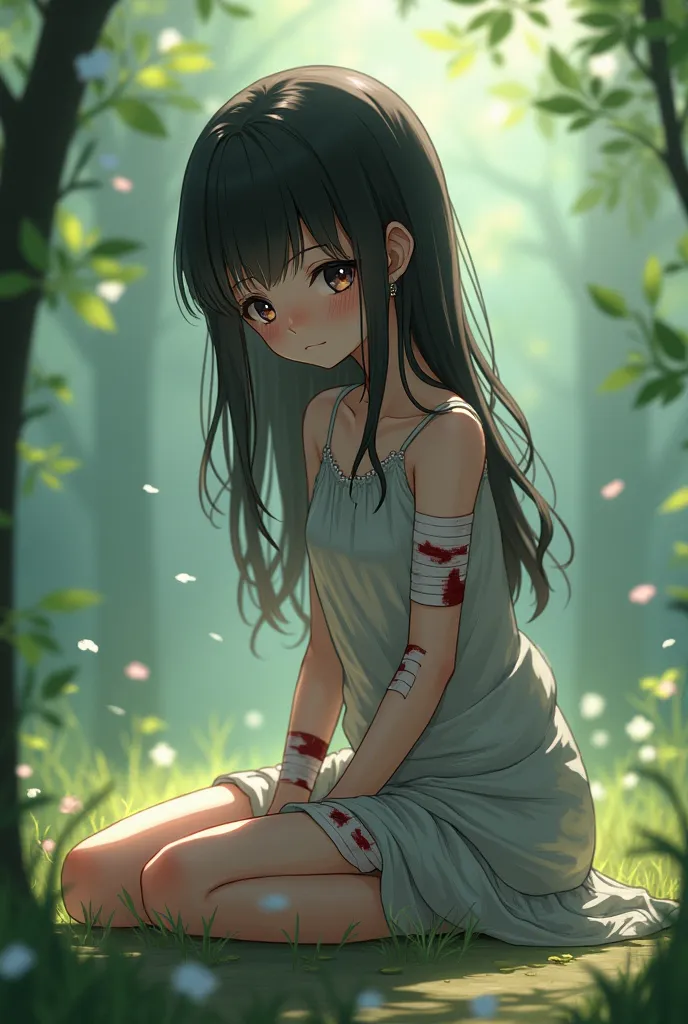 An anime girl kneeling with wounds and bandages