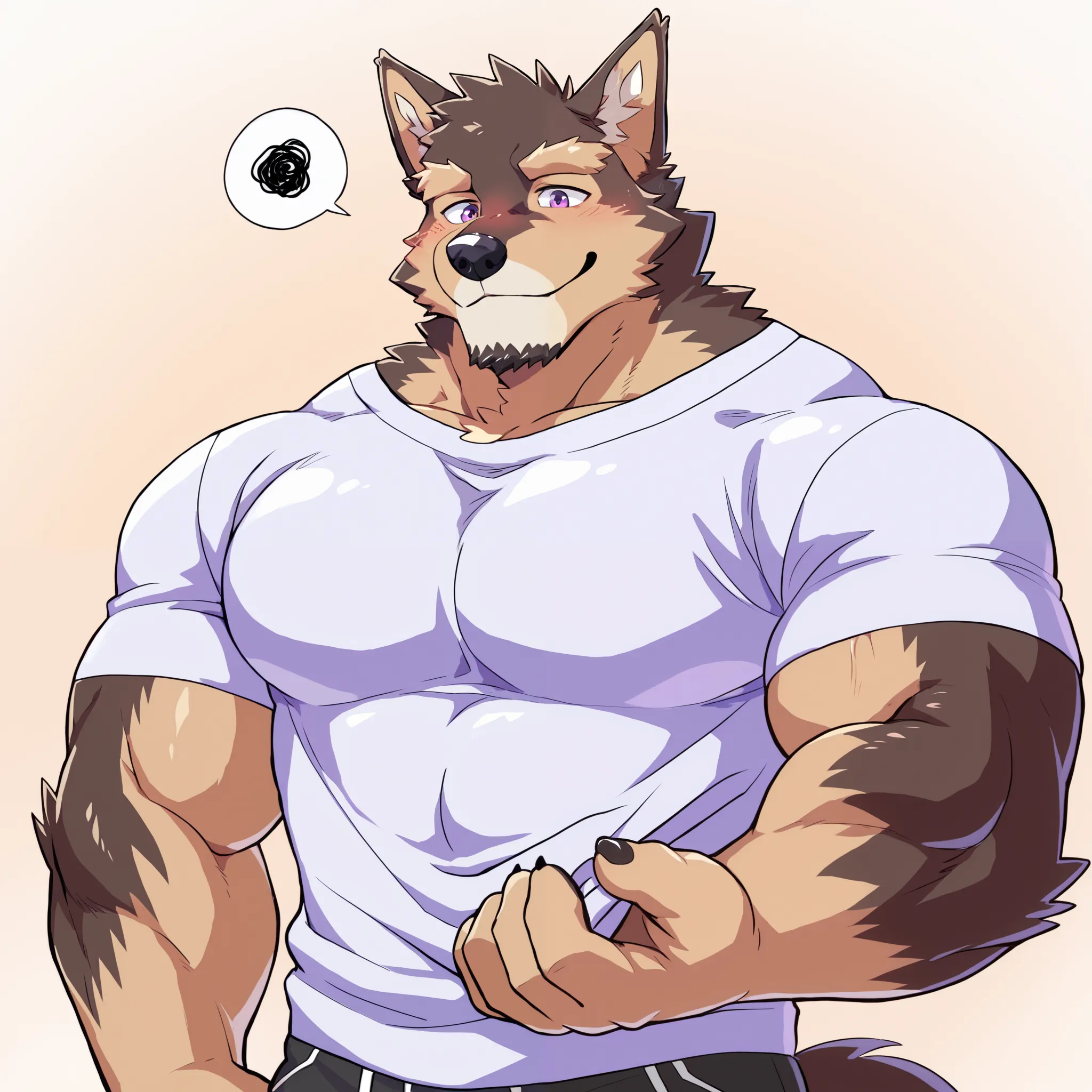 Scribble    German Shepherd face,Pubraseer(  German Shepherd),(Casual wear:1.3), Muscular ,  brown fur ，（ artist :Takemoto Arashi），Pull clothes by hand，（ buttock bulges:1.3） ，Purple Eyes，Smile，blush