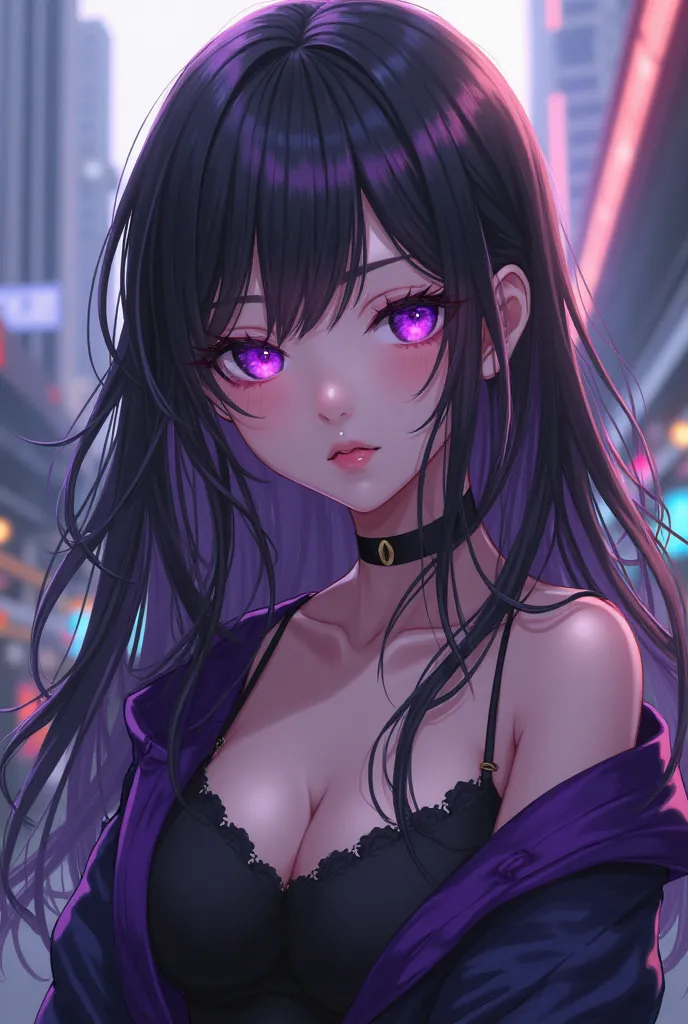 A violet-eyed girl with long wavy hair in black and purple test half a brunette,With urban anime clothing