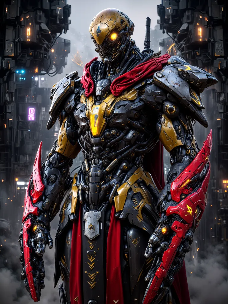 Cybernetic Man, Gold colored Golden skin, Bald Head, Fresh faced, Flesh made of Gold, Heavy Red Roman Armor with gold Accents, Red Heavy Roman Gauntlets with gold and silver accents, With Glowing Golden Irises black Pupils and white scalera, stand at atten...