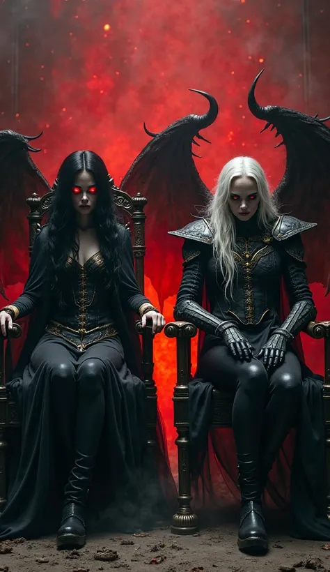  American Plan - Lilith and Samael on the Dark Throne
An imposing scene showing Lilith and Samael sitting side by side, each one on a throne. Lilith, a woman with pale skin and glowing red eyes, wears a black cloak with gold details, Flowing long black hai...