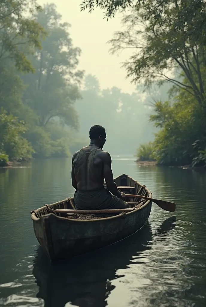 
black man in a old canoe in the back of a river, he is facing away or sideways
