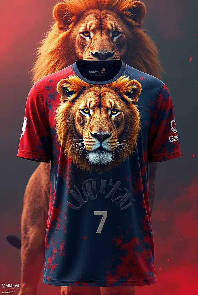 Create a women's soccer team jersey with a lion on the front, In full shirt print, with a lion behind the shirt and a number 7 with the arched name "Ana Luize"