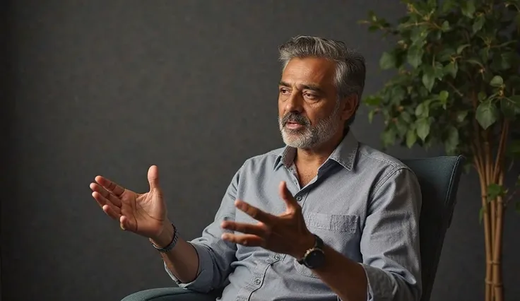 A indian man sits in his studio, speaking as he gestures to emphasize his points. His hands move expressively, supporting his explanation. The setting remains unchanged, with a static camera capturing the scene without any zoom or pan. The background stays...