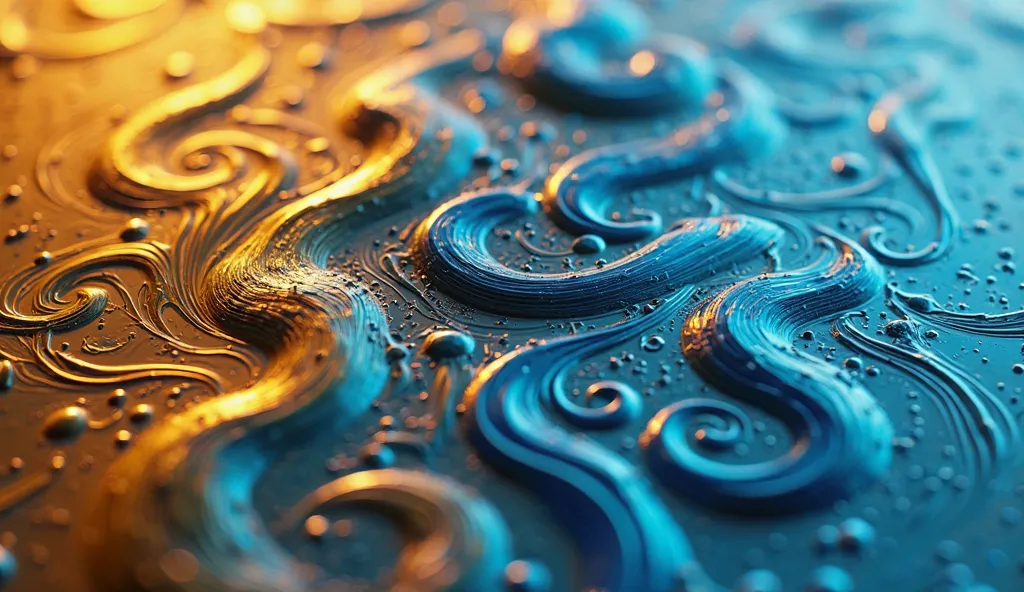 : Close up of vibrant spinning alcohol ink mixed in blue and gold tones, Create intricate patterns on a smooth surface.  8,000  