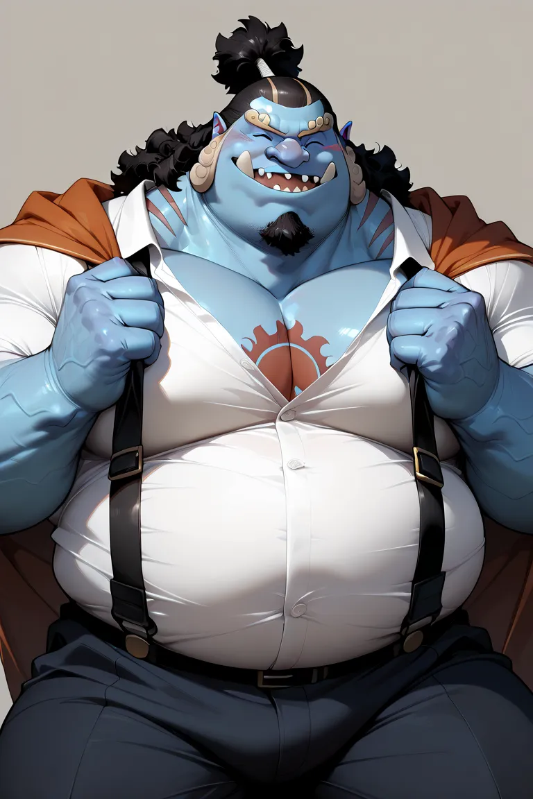 solo, 1boy,jinbe, blue skin, detailed face, smile, Happy, shirts, suspender, pants, detailed eyes, wide shoulder, thick arms, (chubby, belly), wide pectoral, muscle, short hair:1.2, detailed eyes, focus eyes, masterpiece, semirealistic:1.2, high detailed, ...