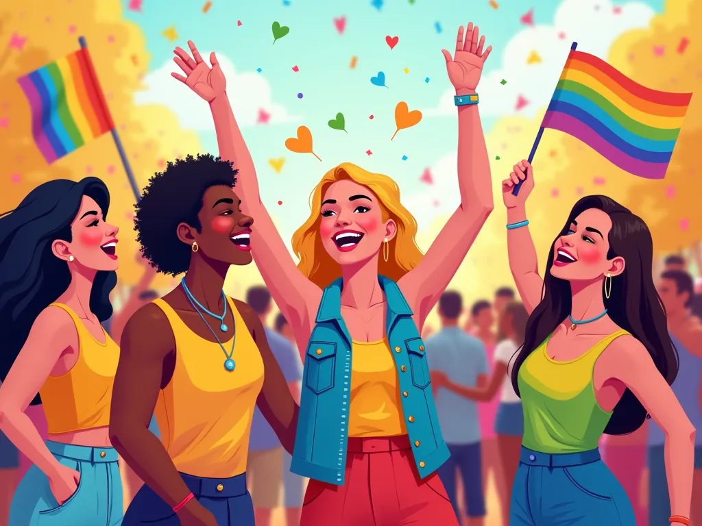 "Create a vibrant, flat vector illustration of a joyful LGBTQ+ Pride parade (Love Parade). A diverse group of people with various skin tones, dressed in colorful rainbow-themed outfits, are celebrating together. Include elements like waving rainbow flags, ...