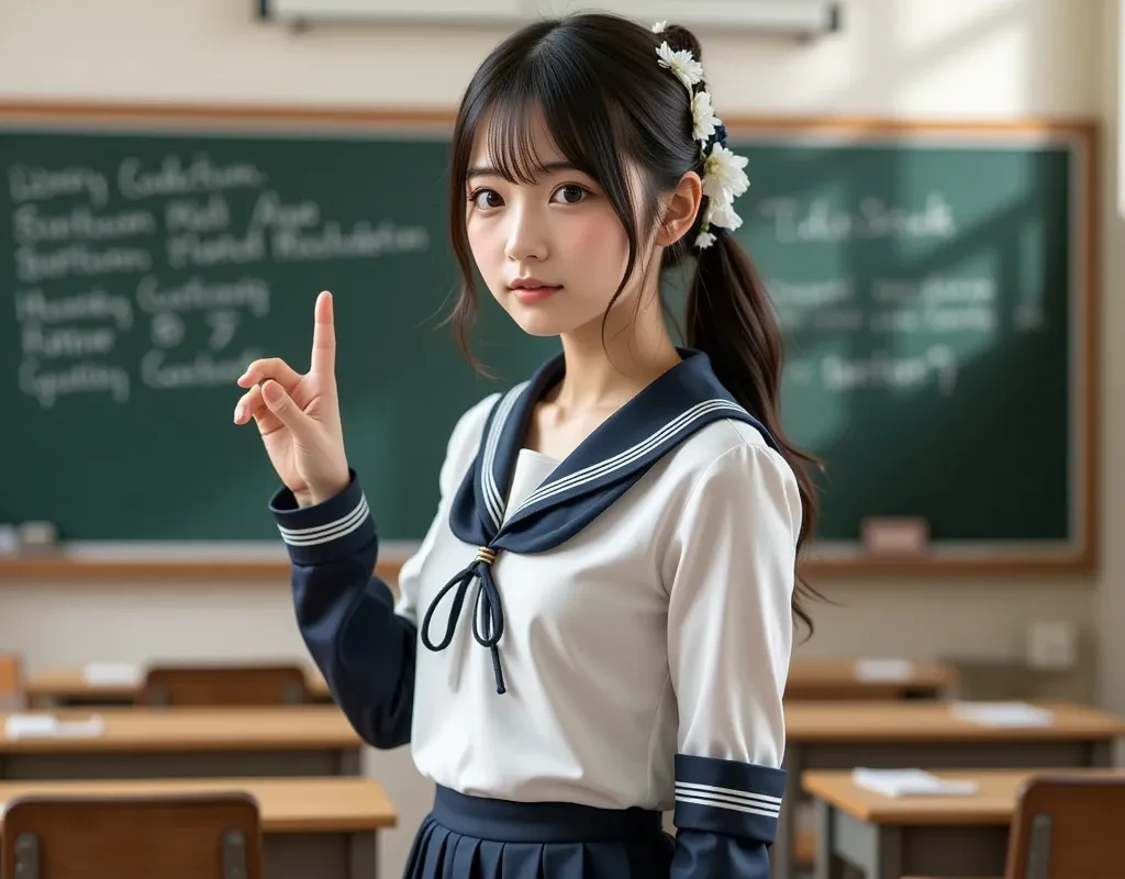 A realistic android transfer student in a sailor suit standing in front of the blackboard in the classroom introducing herself, all of her classmates are clones of the same person wearing blazer uniforms, high resolution, realistic, professional, extremely...