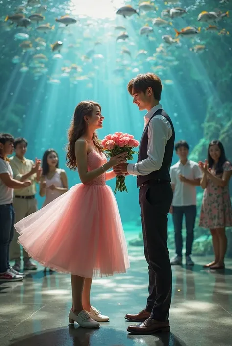 A handsome guy like leeminho,  chestnut hair , sunny smile, with a white shirt inside and a vest on top of black trousers holding a bouquet of roses for a beautiful girlfriend in a pink princess dress wearing white shoes in an aquarium with a romantic atmo...