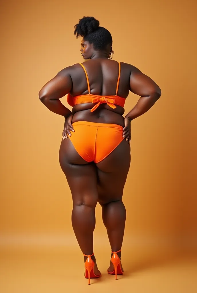 A 55-year-old mature African-American woman with a serious-looking face, gorda, big, gross, size XXL in orange underwear for older ladies with short afro black hair tied up in a bow, piernas grosss torneadas en sandalias color naranja de tacones altos apar...