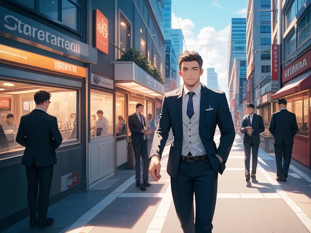 1 Japanese man, at street, cool guy, wearing suits