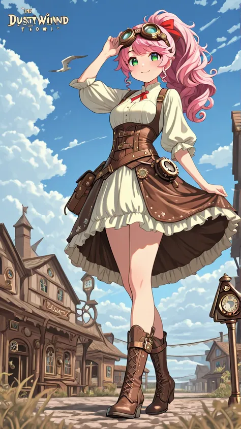 highest quality。masterpiece。detailed details full body 。one woman。 pink hair long curly hair ponytail 。 green eyes. cute steampunk cowgirl outfit 。vtuber style. goggles on head. Cheerful smile. The background is a western style town, dusty wind, blue sky a...