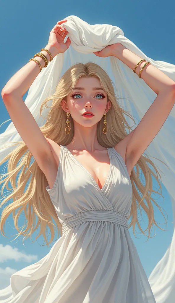 An anime girl with gray-blue eyes, long blond hair and red lips stands under the clear blue sky. She held an extra-long white gauze above her head, letting the sun cast soft shadows on her shapely arms and gold bracelets. She was wearing a one-piece Greek ...