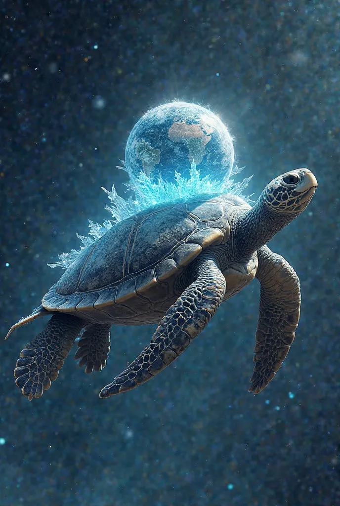 Is a turtle flying in space with the world on its back and around the world covered in ice