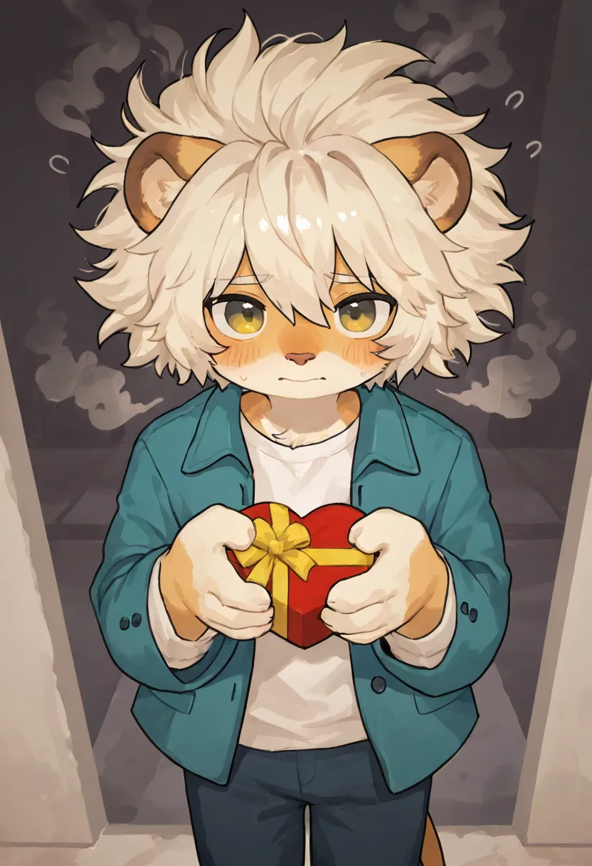 source_ furry， furry male，elementary school students，((boy )),lion boy ,short hair,masterpiece, newest,absurdres, incredibly absurdres,  messy hair, cute anthro, alone,strong closed mouth,embarrassed,light head steam，shirt,jacket，blush，light head steam,swe...