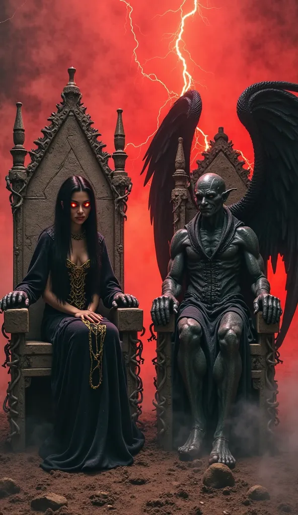 Scene showing Lilith and Samael seated on different thrones, side by side, Without touching each other. Lilith is seated on a throne carved in bones, decorated with black metal snakes intertwined in the armrests of the chair. She wears a long black robe wi...