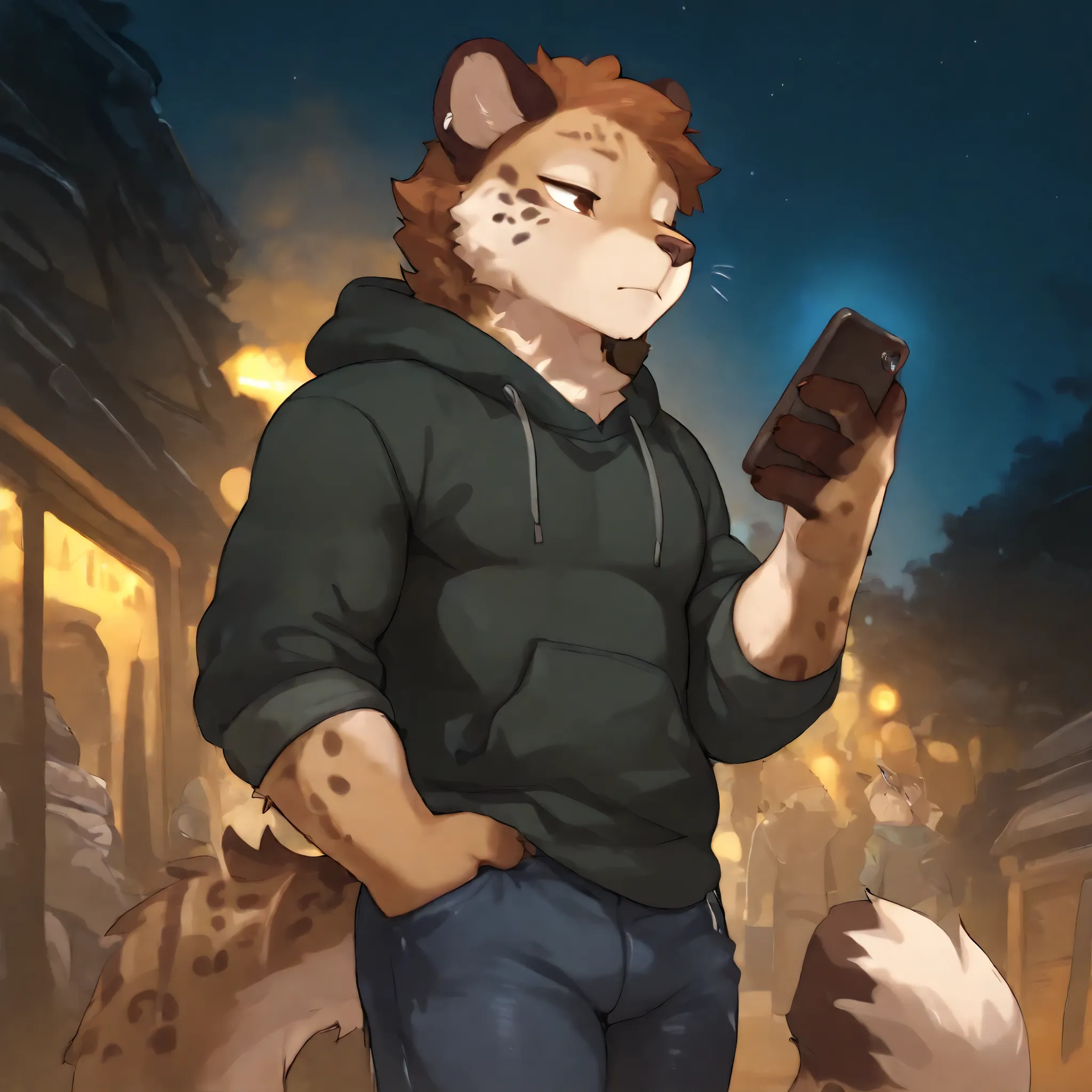 Snow leopard, snow leopard furry, male, man, masculine, casual clothes, outside, night, brown eyes, holding phone, solo.