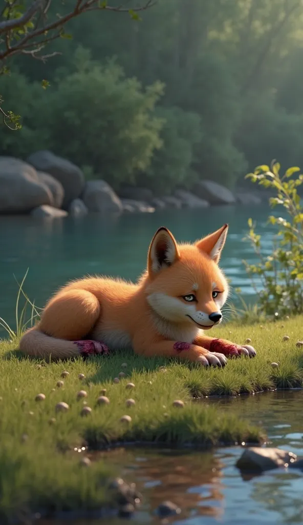 animation, a brown wolf cub, Injured, lying weak, riverbank 