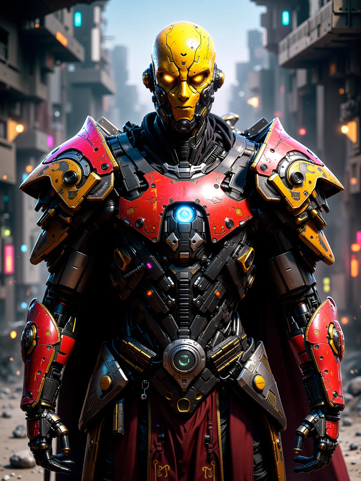 Cybernetic Man, Gold colored Golden skin, Bald Head, Fresh faced, Flesh made of Gold, Heavy Red Roman Armor with gold Accents, Red Heavy Roman Gauntlets with gold and silver accents, With Glowing Golden Irises black Pupils and white scalera, stand at atten...