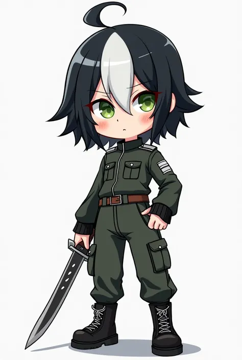 A Cartoon style full body black and white hair, Short on the top and large on the bottom that wears a white stripe as a cropped, moss green eyes, Army pants Military boot, White-skinned and holding a sword