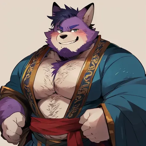 fox, furry, purple fur, handsome, very muscular, very big, extremely hot and sexy, beard, hair, chest hair, charming eyes, solo, male, happy expression, daddy, full body, big body, golden medieval clothes, middle aged, by hyaku, by darkgem, by glitter trap...