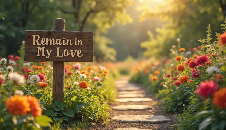 A photorealistic garden path lined with vibrant flowers and greenery, leading to a wooden signpost that reads 'Remain in My Love' in elegant script. The path is bathed in soft, golden sunlight, symbolizing a journey of faith and love inspired by John 15:9-...