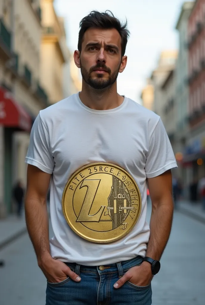 *Description de l'image :**  
Un homme ordinaire, vêtu d’un jean et d’un t-shirt simple, se tient debout dans un environnement urbain. À la place de son ventre, il y a une pièce de monnaie géante (comme une pièce d’un euro ou d’un dollar) qui semble intégr...