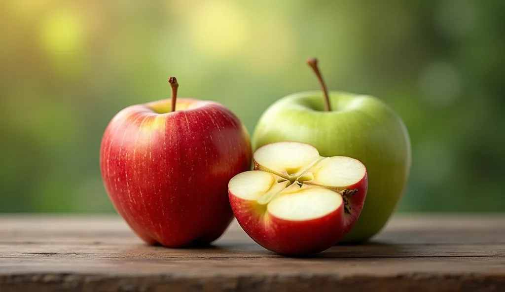 "A vibrant red apple with a bite taken out, sitting next to a whole green apple on a rustic wooden table. A soft light highlights the juicy texture, with a blurred background of an outdoor orchard."