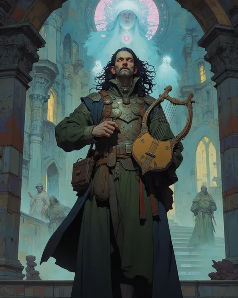 A mysterious dungeons&dragons gnome bard standing in the middle of ancient mystical ruins, bathed in ethereal magical hues. He carries a worn yet elegant lyre, his long black hair flowing in the wind. His violet eyes gleam with an enigmatic glow, and he sp...