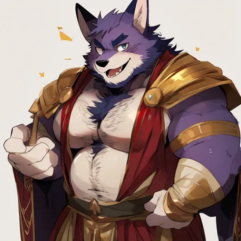 fox, furry, purple fur, handsome, very muscular, very big, extremely hot and sexy, beard, hair, chest hair, charming eyes, solo, male, happy expression, daddy, full body, big body, golden medieval clothes, middle aged, by hyaku, by darkgem, by glitter trap...