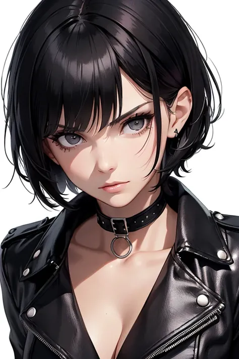 a beautiful adult woman, age group 30 years ,           with short black hair Pixie style with bangs,  black eyes combining black leather jacket with short black blouse and choker with buckle,   white background ,looking at the viewer, serious expression  ...