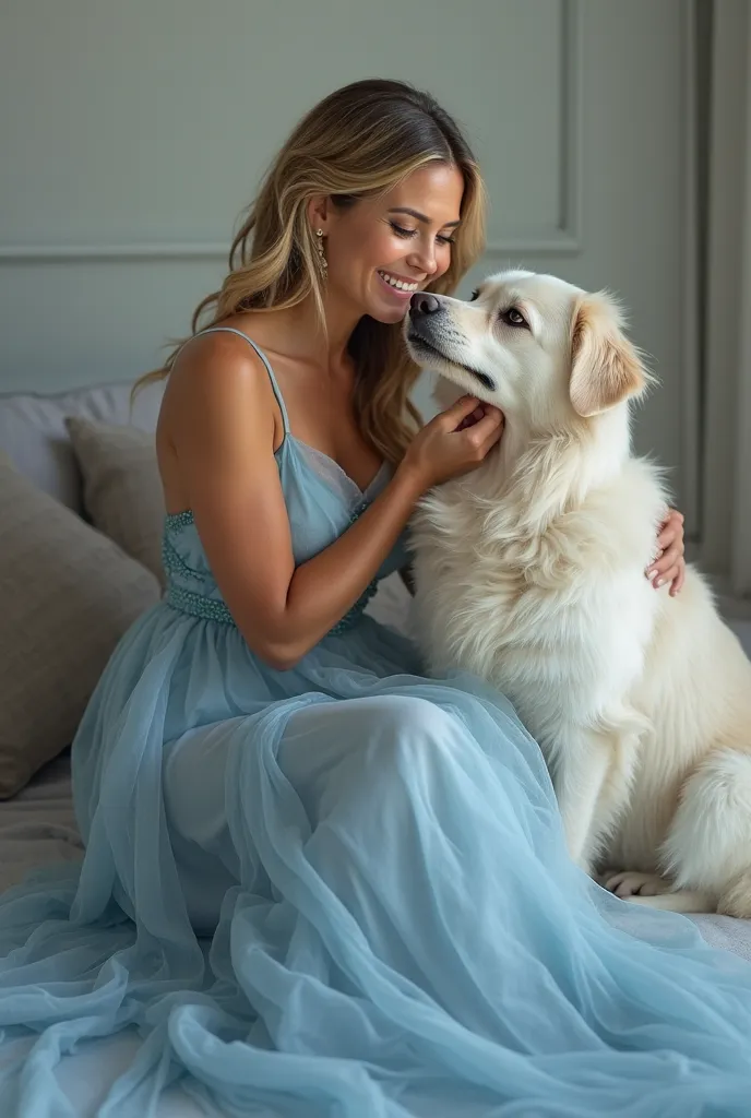 Jennifer Aniston on blue gown feeding her white dog