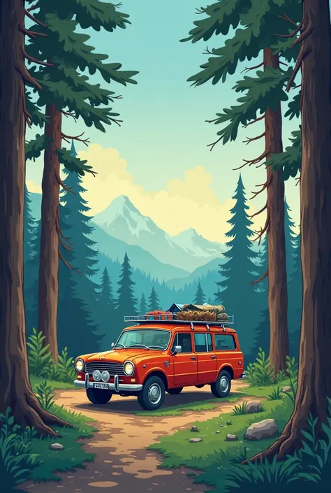 create a cartoon YouTube banner in 3 colours for stealth, budget camping channel with large text saying "Estate Escape", to include an image of an estate/wagon family car in the woods and the YouTube logo