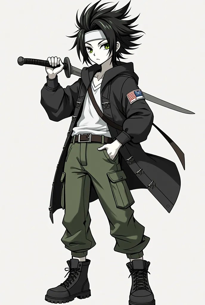 A full body anime style black and white hair Short on top and big on the bottom, Who wears a white headband like cropped, moss green eyes, Army pants Military boot, White-skinned and holding a sword