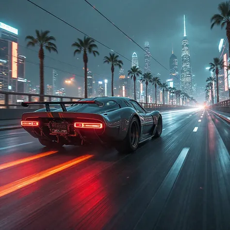 A street Racing car, racing from left to right, away from the camera POV. Racing towards a dark distant futuristic city. Night. Neon lights. image is fading towards the horizon.