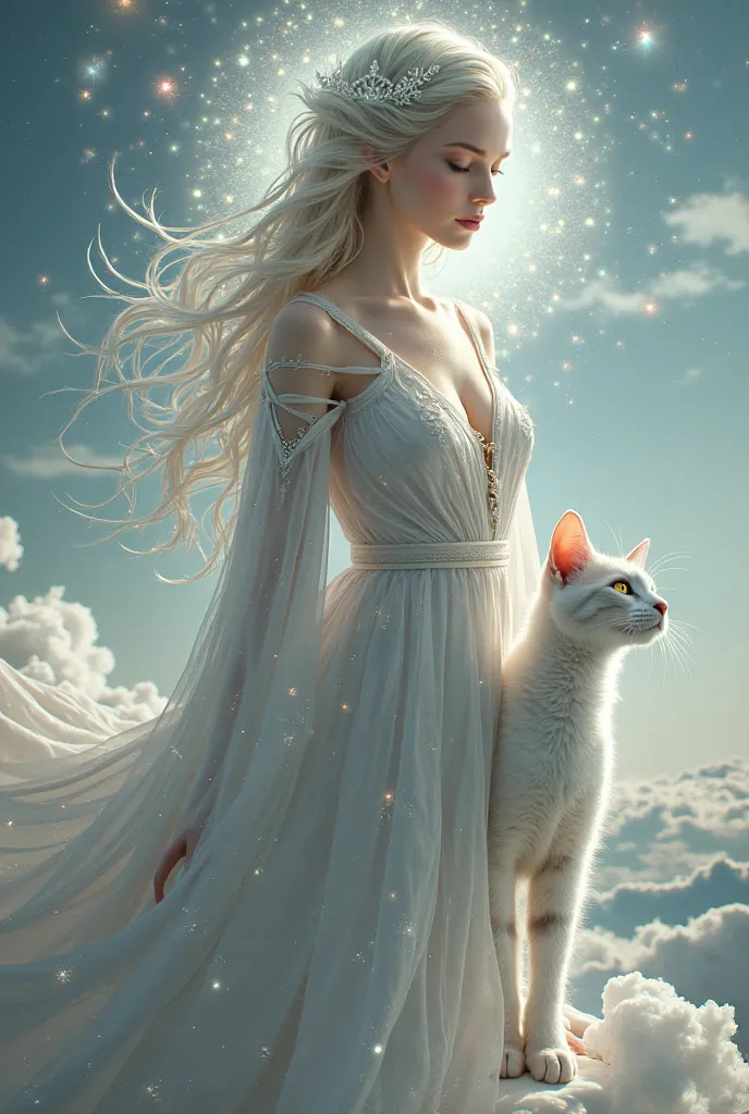 Create an image of a god with a pretty young woman and her pet, a feline with silver fur and eyes shining like stars