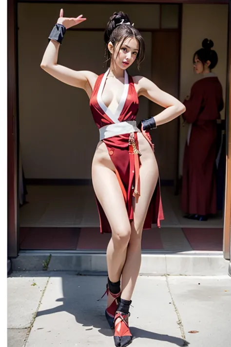 mai shiranui, (Full body:1.6), (black satin tabi:1.3), (wearing fitted black tabi:1.5), (Photo realistic:1.2), (masterpiece:1.2), (Best Quality), (ultra-detailed), (8K, 4K, Convoluted), (Flat Lighting:1.2), (skinny), Prestige, Brown eyes, Long brown hair, ...