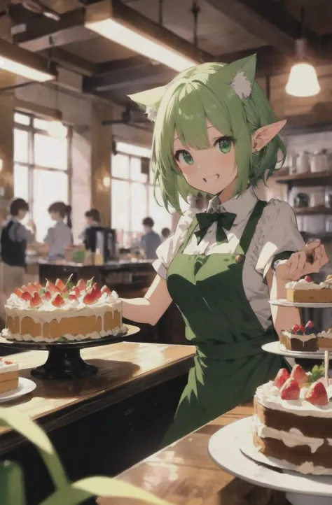 Green-haired anime girl cutting a cake with strawberries, anime Cat earsの女の子, Mikudayo,  eating cake , fantasy bakery, change, Nightcore, cute girl anime visual,  anime food, pixiv contest winner,  cute anime cat girl ,  high quality anime art style , Cute...