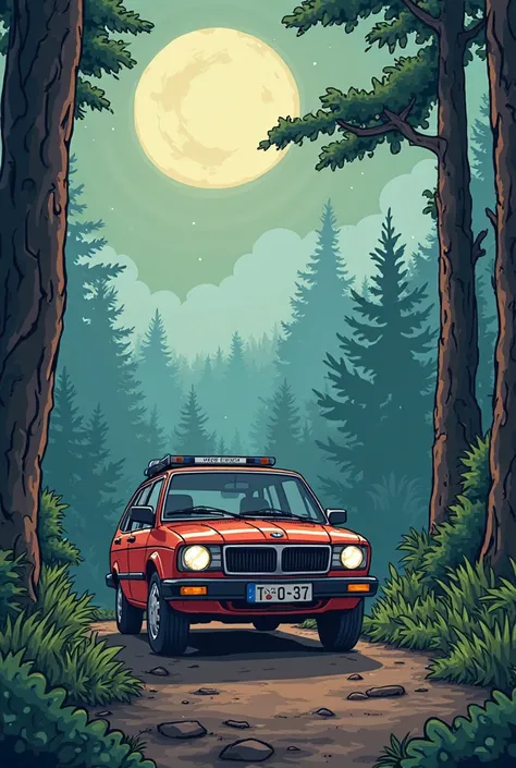 create a cartoon YouTube banner in 3 colours for stealth, budget camping channel with large text saying "Estate Escape", to include an image of an estate/wagon Skoda Octavia car in the woods and the YouTube logo