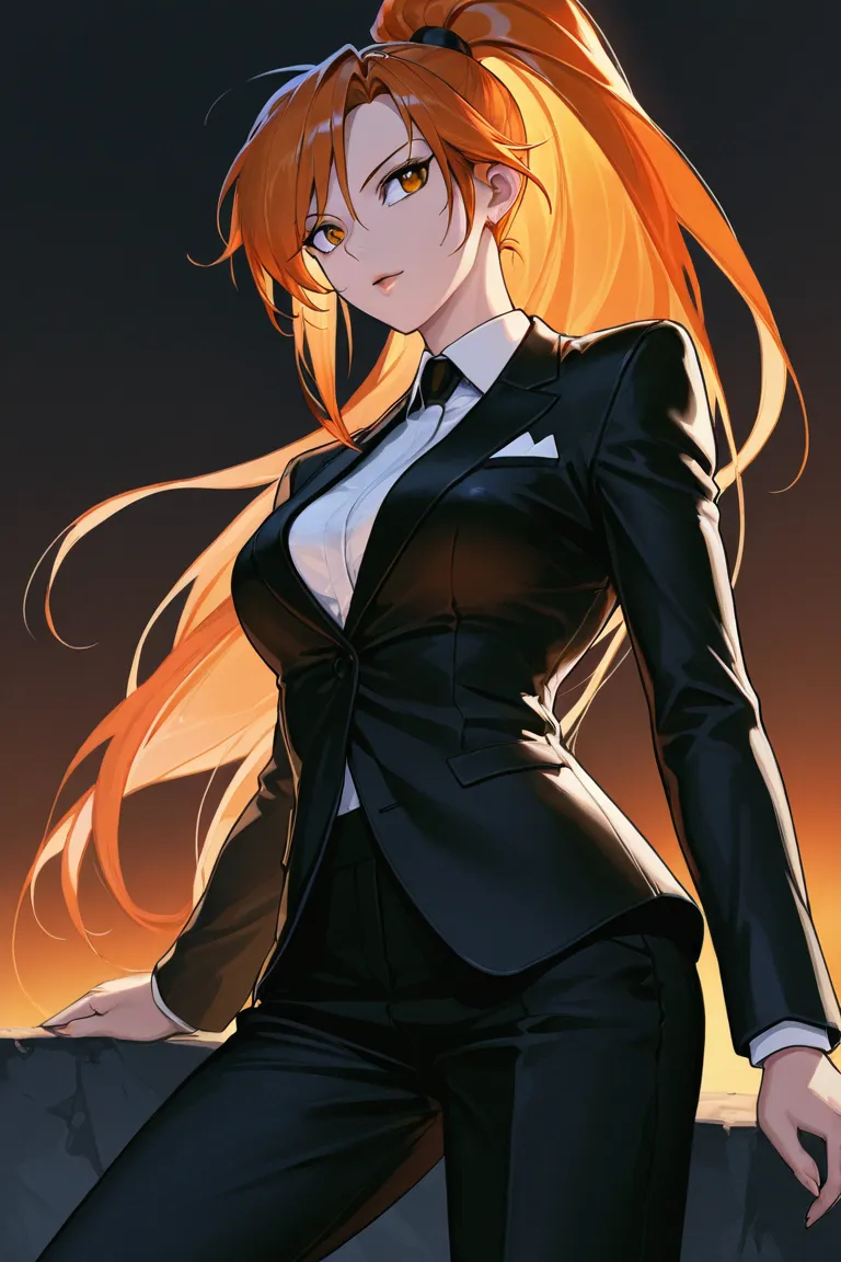 anime screencap, masterpiece, best quality, amazing quality, very aesthetic, newest, 1woman, solo, orange hair, high ponytail, glasses, black suit, tall, highres