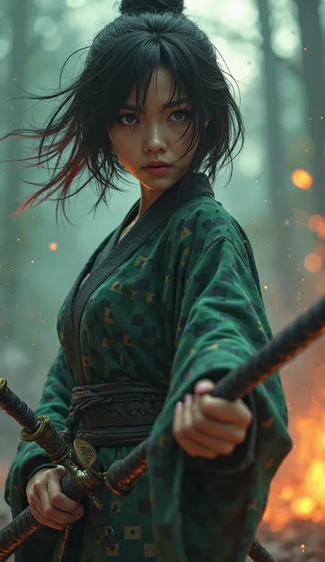 Create a hyper-realistic 3D-rendered wallpaper of a woman dressed as Tanjiro Kamado from Demon Slayer, standing in a powerful battle-ready stance. Her deep, determined eyes should glow subtly, reflecting the burning resolve of a warrior. She should have sh...