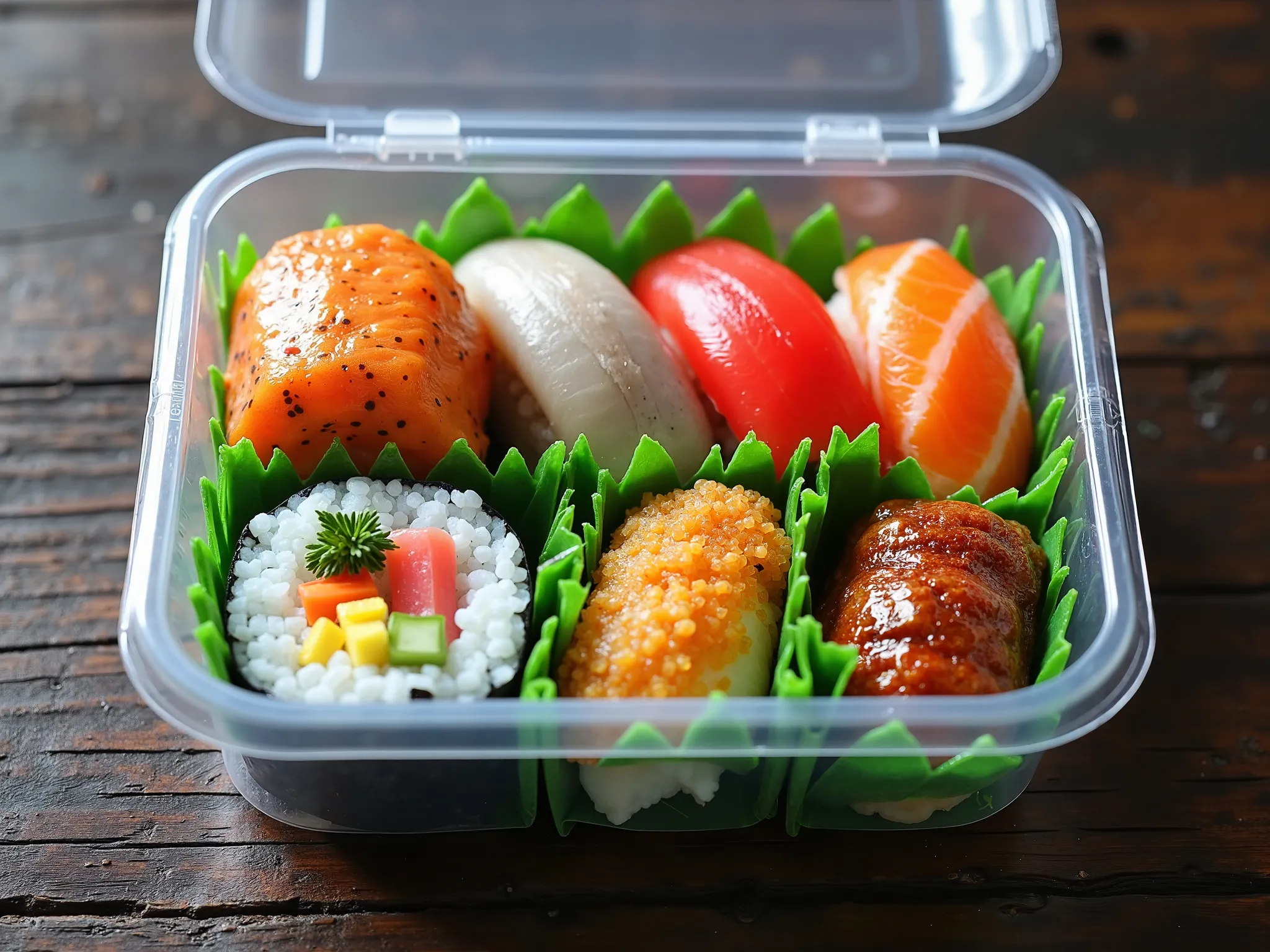 A photorealistic, high-resolution photo taken from directly above, showing a clear plastic takeout container placed on a dark wooden table. The container has a hinged lid that is partially open, revealing a variety of sushi pieces arranged in two rows insi...