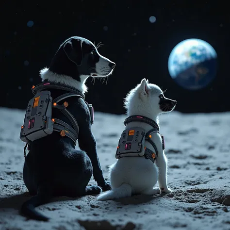 A large,  black Labrador with white fur around its muzzle, sitting side by side with a smaller 5-month-old white Border Collie puppy wearing a black eye patch over its right eye. Both are dressed in detailed astronaut suits with neon cyberpunk accents. The...