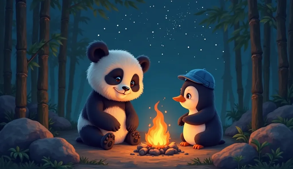 The baby panda and the little penguin sit beside a small flickering campfire, its warm orange glow casting long shadows across the bamboo forest. The panda, full and content, leans against the penguin, its tiny ears twitching as the fire crackles. The peng...