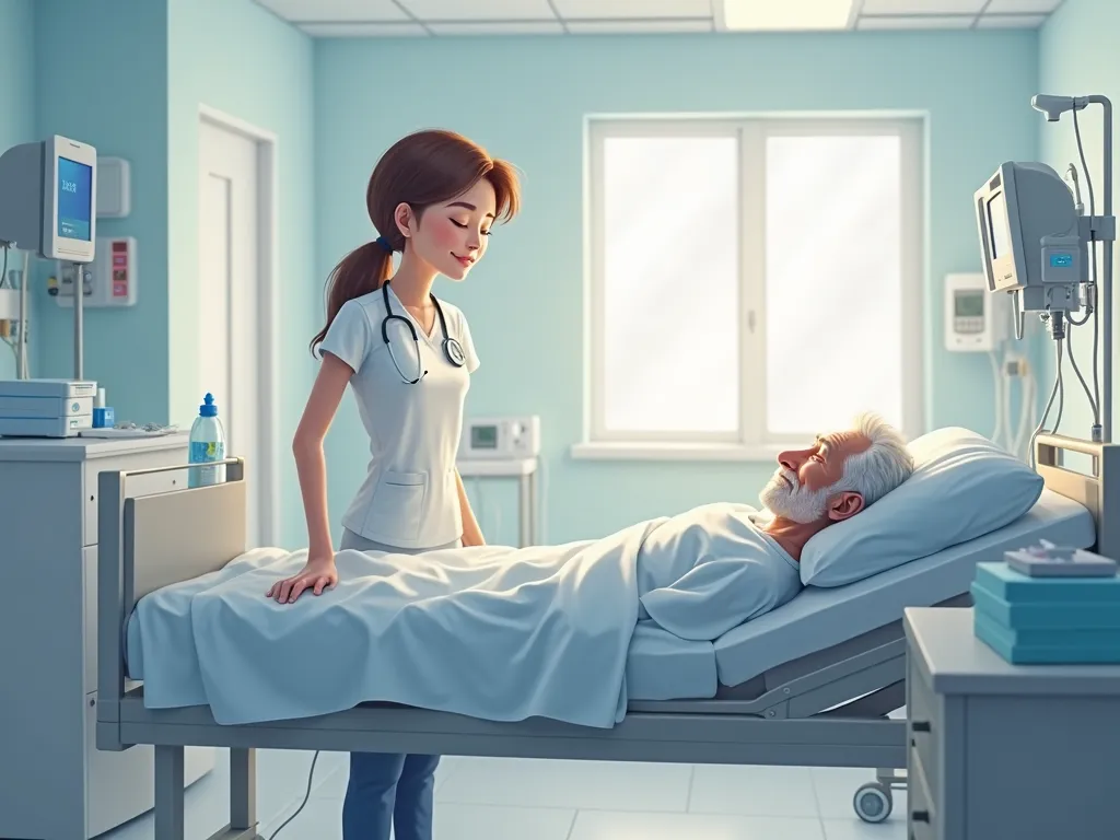 Hospital room　A nurse is watching a patient at the bedside　Grandpa is sleeping in bed　Clean space 　 Smile