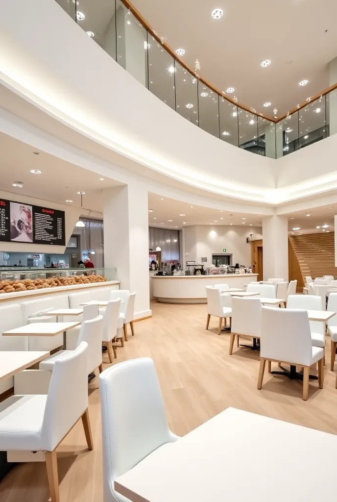 Create a picture of the interior of a large, spacious modern café. There are white tables with white leather sofas and light wooden floors. The café's white, light wooden-topped counter is visible in the background, with menu boards above it that read "THE...