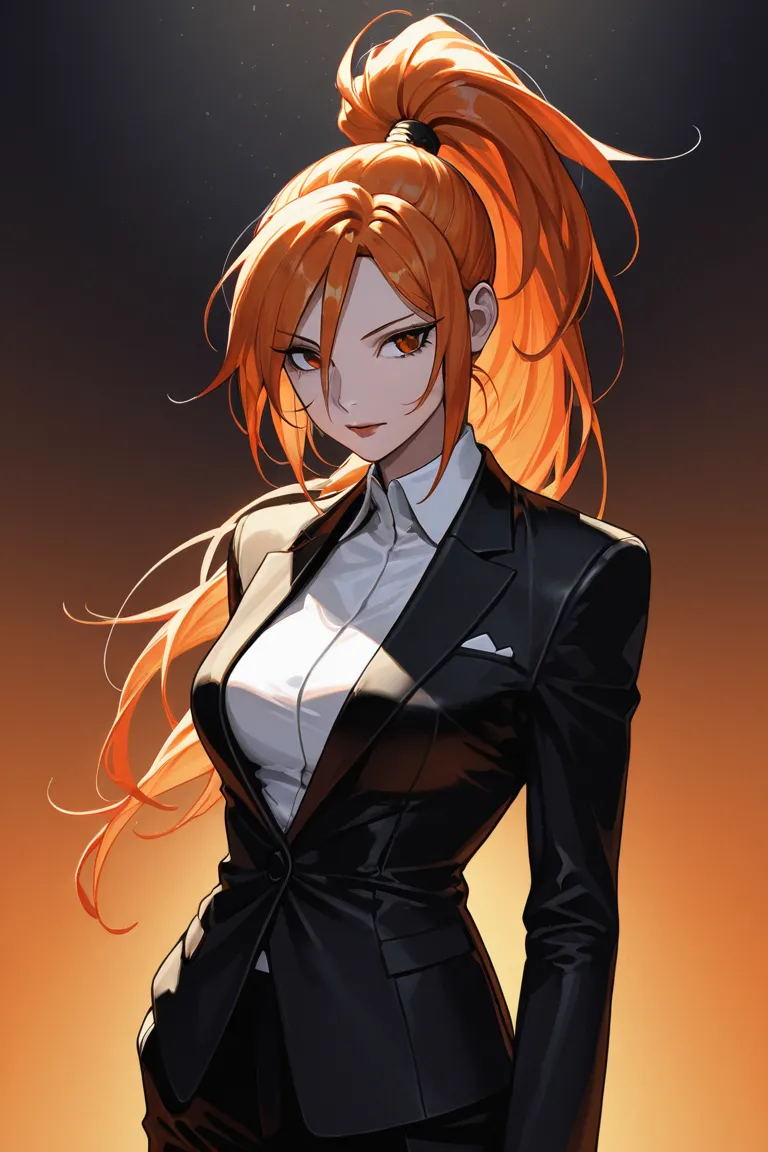 anime screencap, masterpiece, best quality, amazing quality, very aesthetic, newest, 1woman, solo, orange hair, high ponytail, glasses, black suit, tall, highres