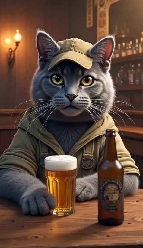 image rich in detail and ultra realistic quality of a gray cat sitting at a bar table, On the table is a bottle of beer and a glass with beer, He wears casual clothes and a cap, the color of the image is clear and sharp 