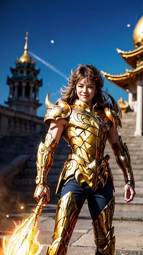 Super high saturation（  masterpiece ），  full body image，（ best quality）， （1 ******），gold hair,   wearing shiny gold armor，  full armor,  Big breasts ，Expose the waist，Show your thighs， in front， Saint Seiya Armor，  Messy hair，high detail,  anime style ,  f...